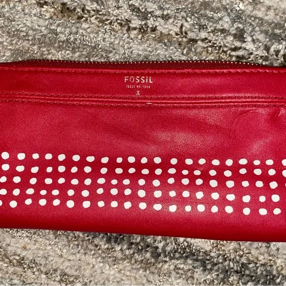 Fossil Red Leather Clutch with White Stud Dot Pattern (12) - Picture 1 of 7